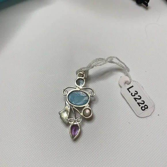 Larimar,Amethyst,Blue Topaz , Natural Pearl Pendant in .925 - Picture 2 of 3